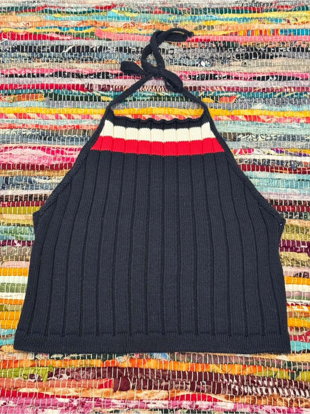 Brandy Melville Striped Knit Navy Blue Halter Top
